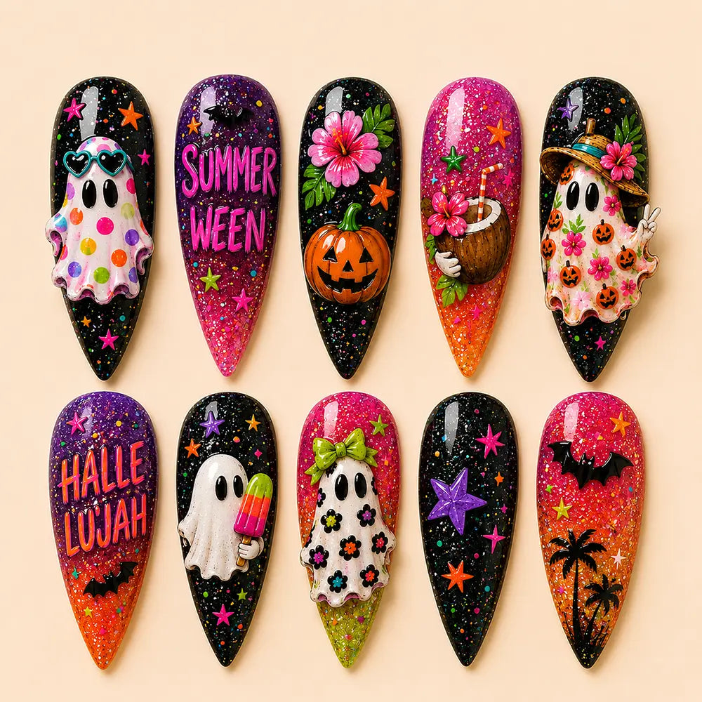Summer Halloween Floral Ghost Glitter Press On Nails