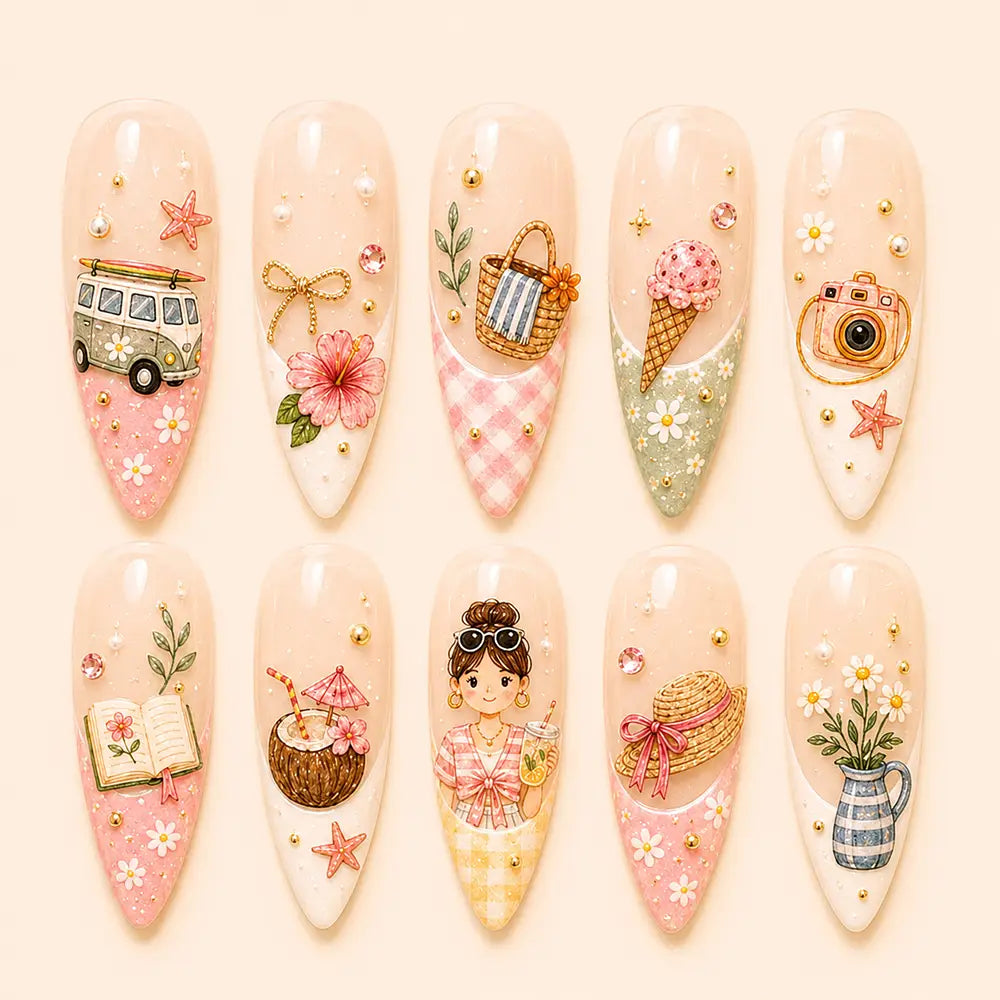 Summer Vacation Beach & Picnic 3D Pastel French Tip Press On Nails