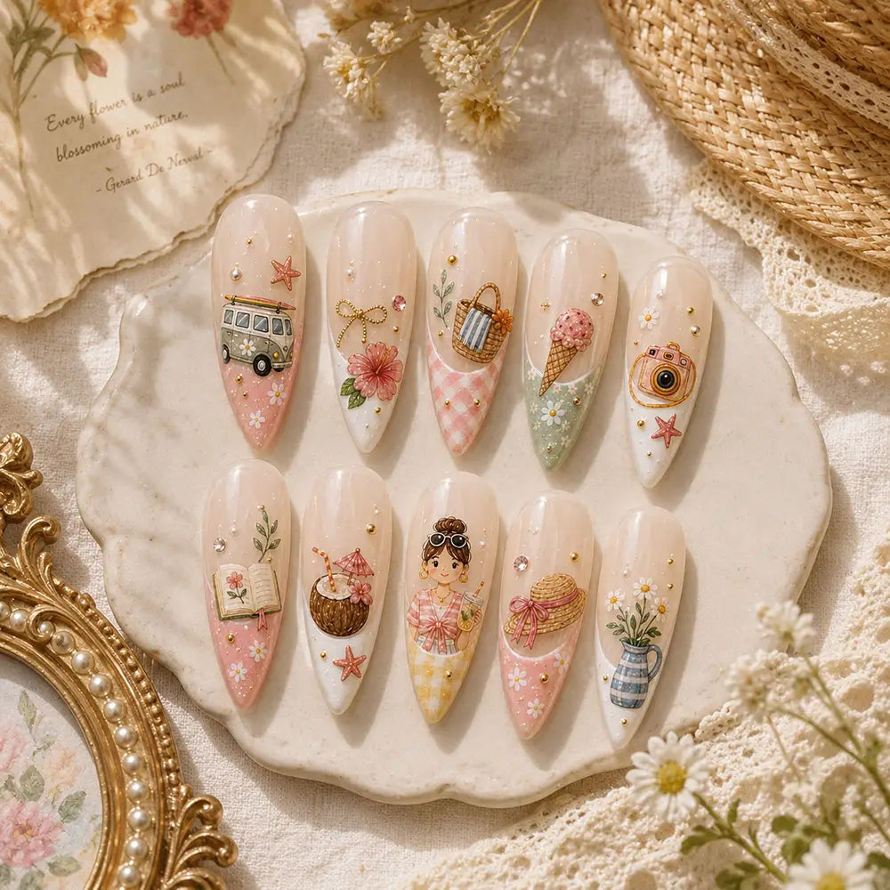 Summer Vacation Beach & Picnic 3D Pastel French Tip Press On Nails