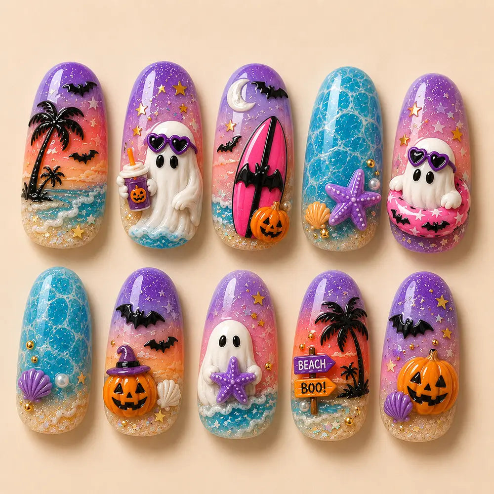 Summerween Beach Ghost 3D Ombre  Press On Nails