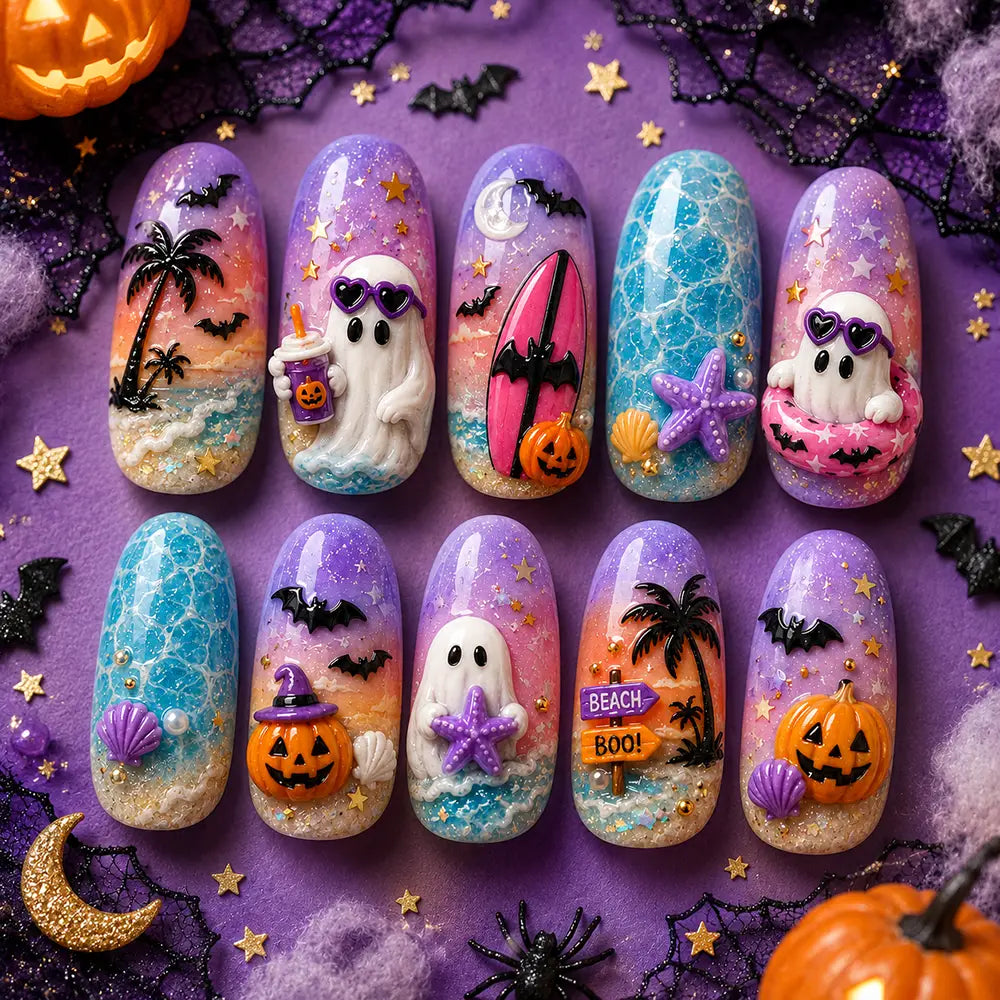 Summerween Beach Ghost 3D Ombre  Press On Nails
