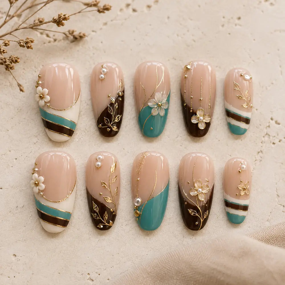Teal Botanical 3D Flower French Press On Nails — image 2