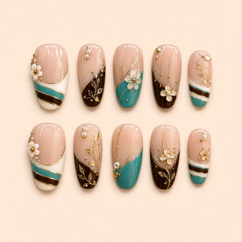 Teal Botanical 3D Flower French Press On Nails — image 1