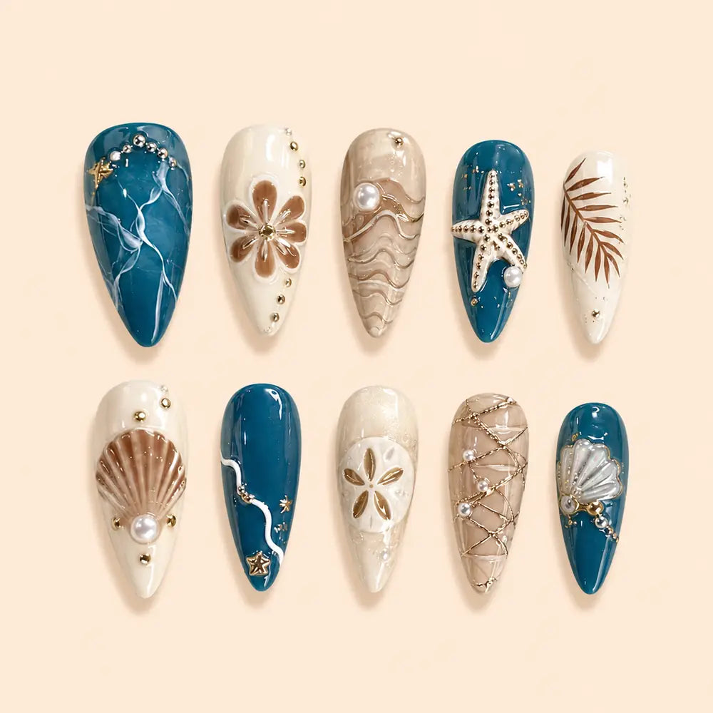 Teal Starfish and Seashell 3D Press On Nails — image 1
