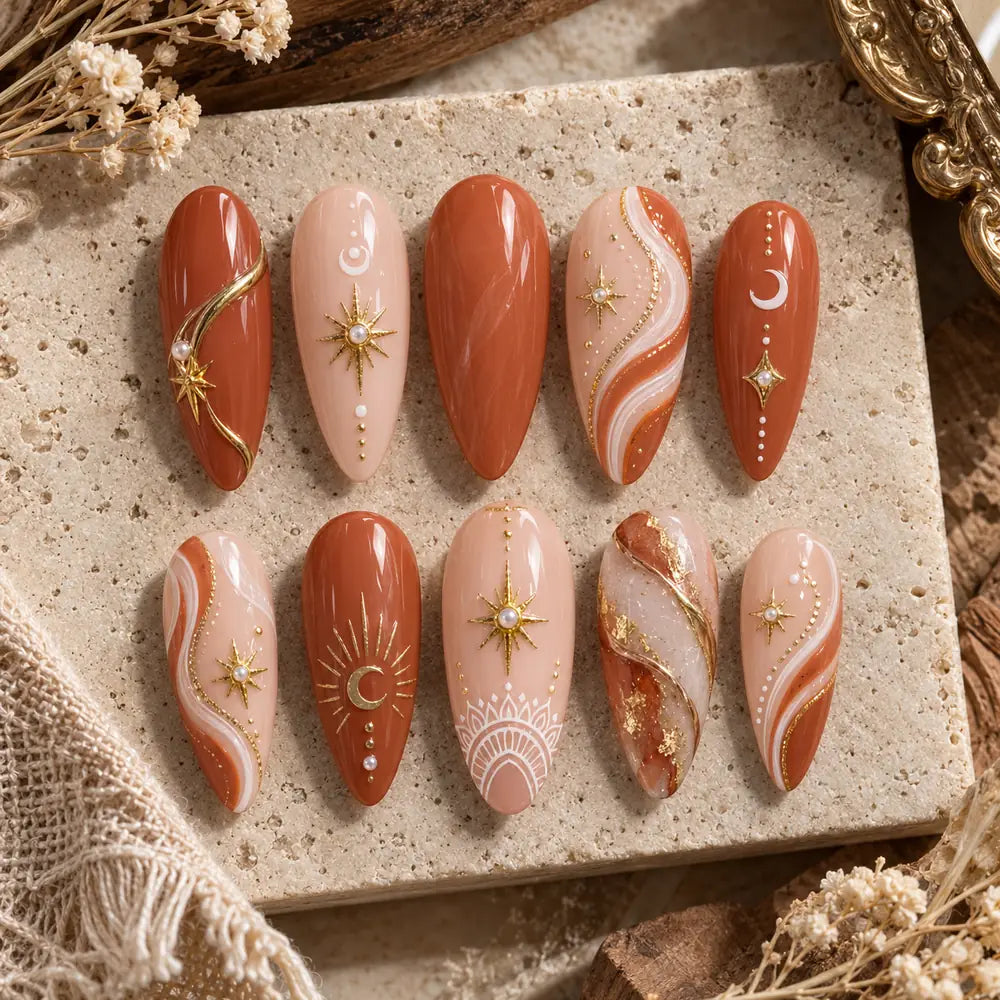 Terracotta Moon and Star 3D Marble Press On Nails — image 2