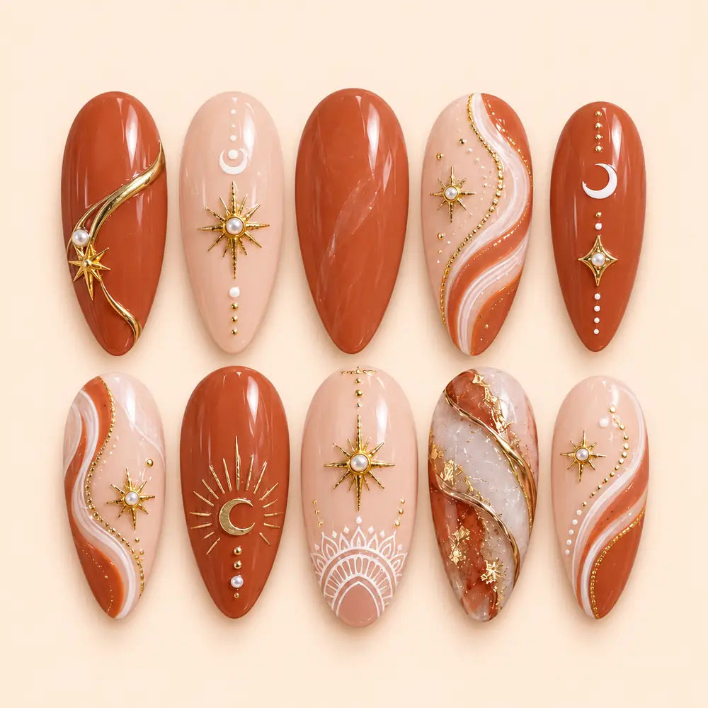 Terracotta Moon and Star 3D Marble Press On Nails — image 1