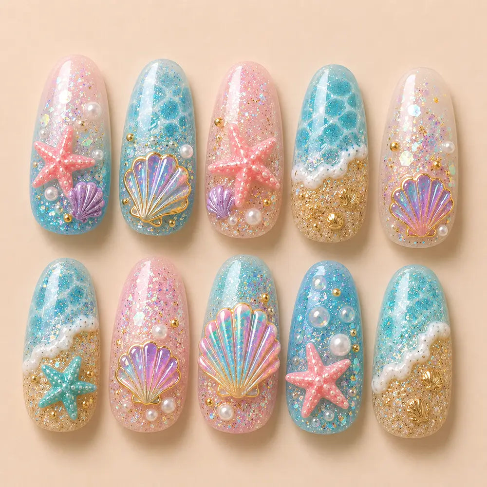 Tropical Beach Seashell Glitter Press On Nails