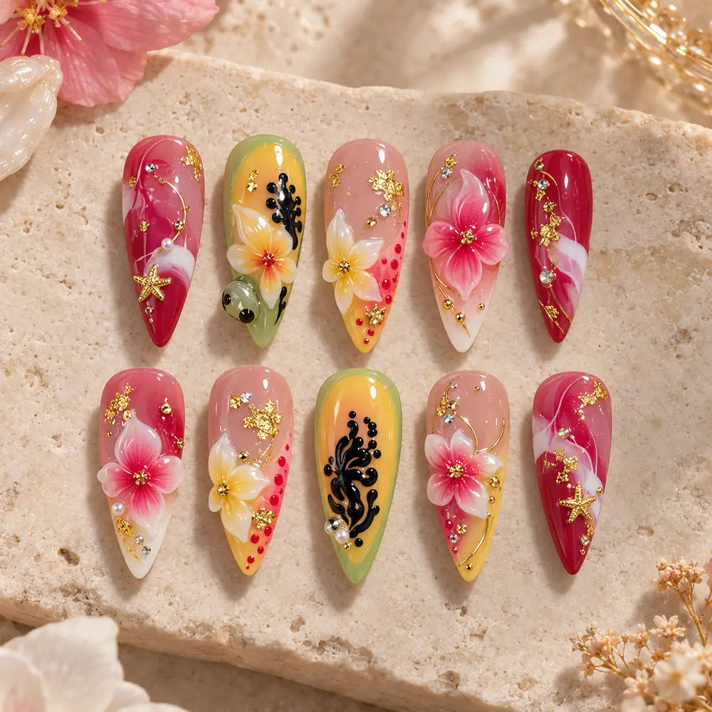 Tropical Starfish Floral 3D Press On Nails — image 2