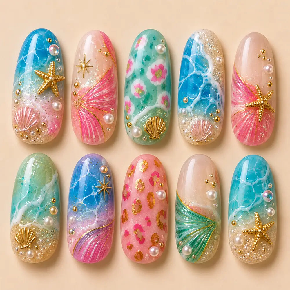 Tropical Summer Beach Floral Pearl Press On Nails