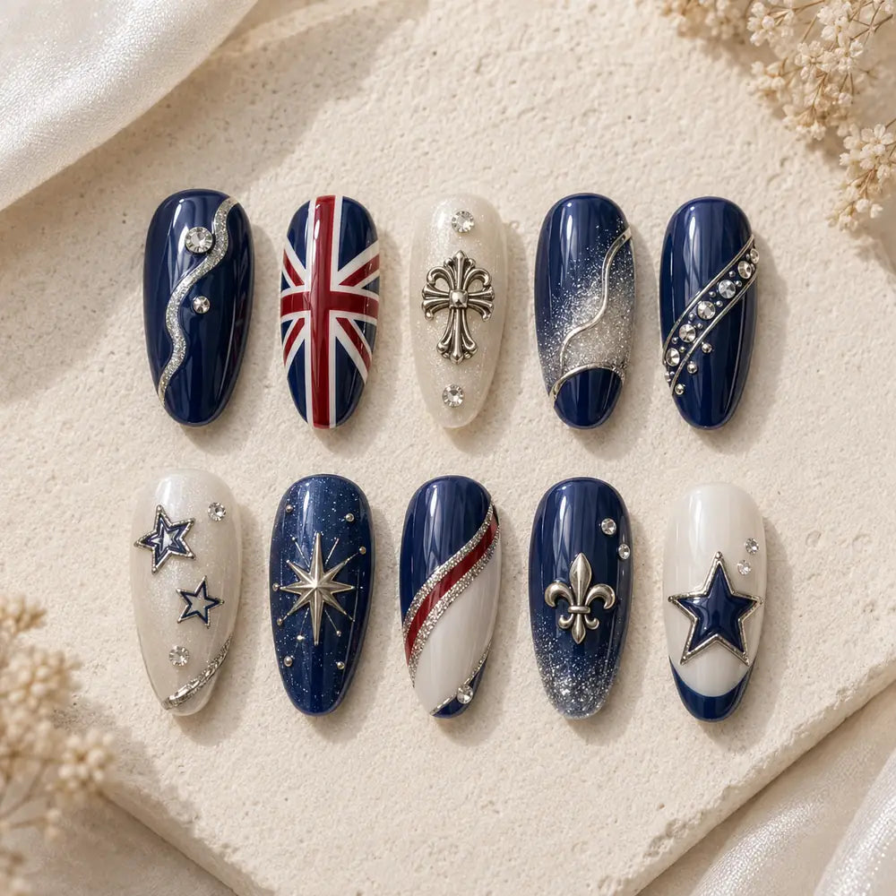 Union Jack Star Rhinestone Press On Nails — image 2