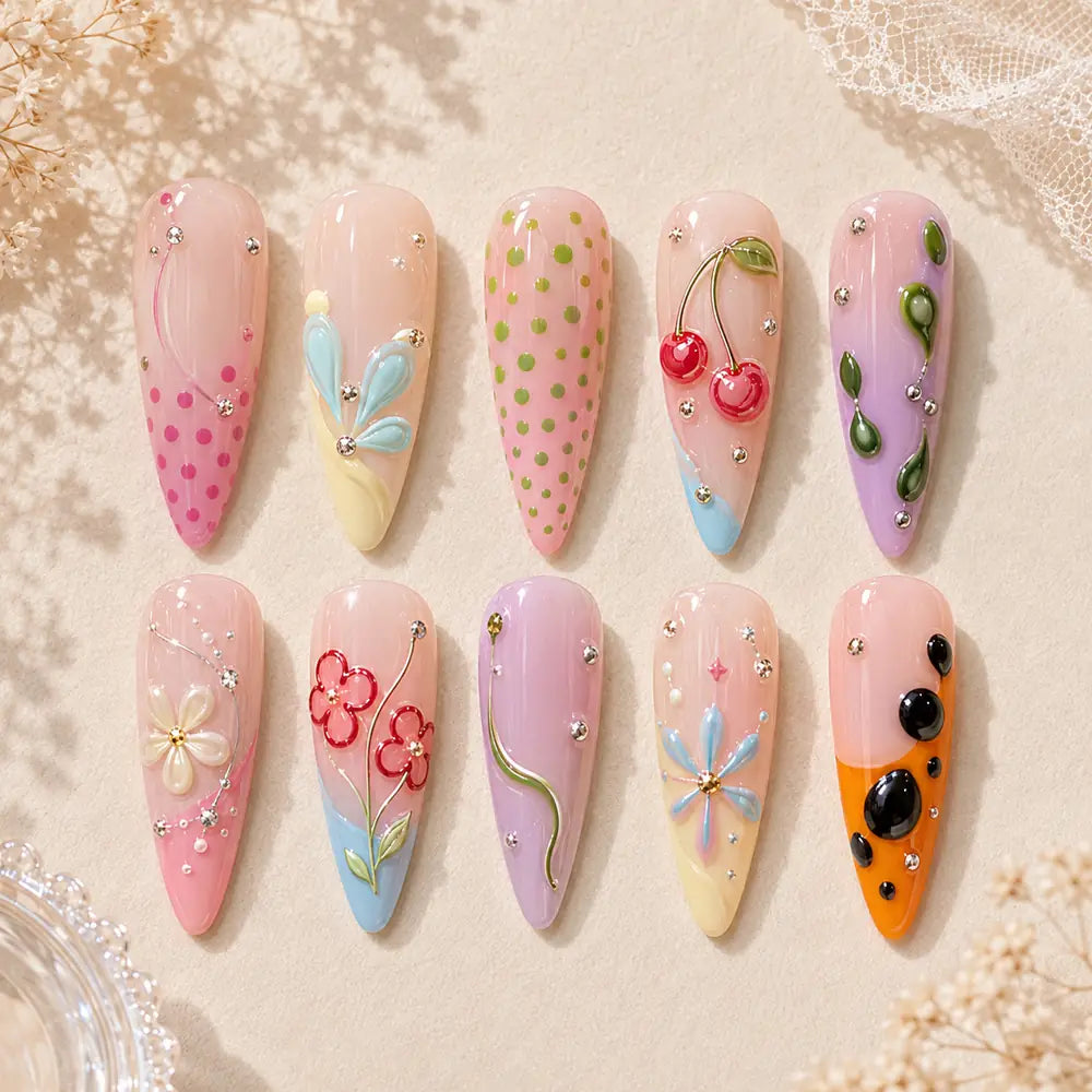 Whimsical Cherry Garden 3D Stiletto Press On Nails — image 2