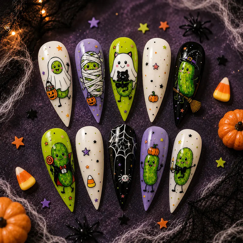 Whimsical Halloween Cactus Ghost Glitter Press On Nails