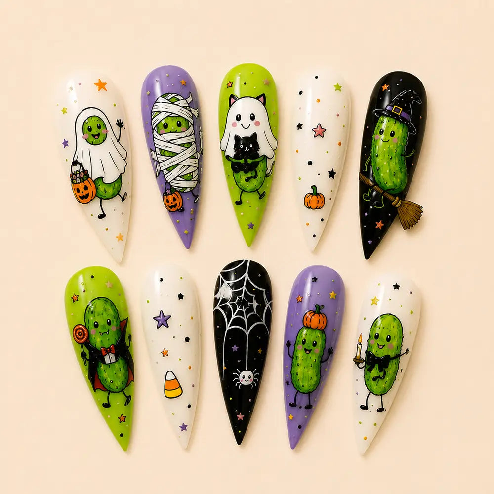 Whimsical Halloween Cactus Ghost Glitter Press On Nails