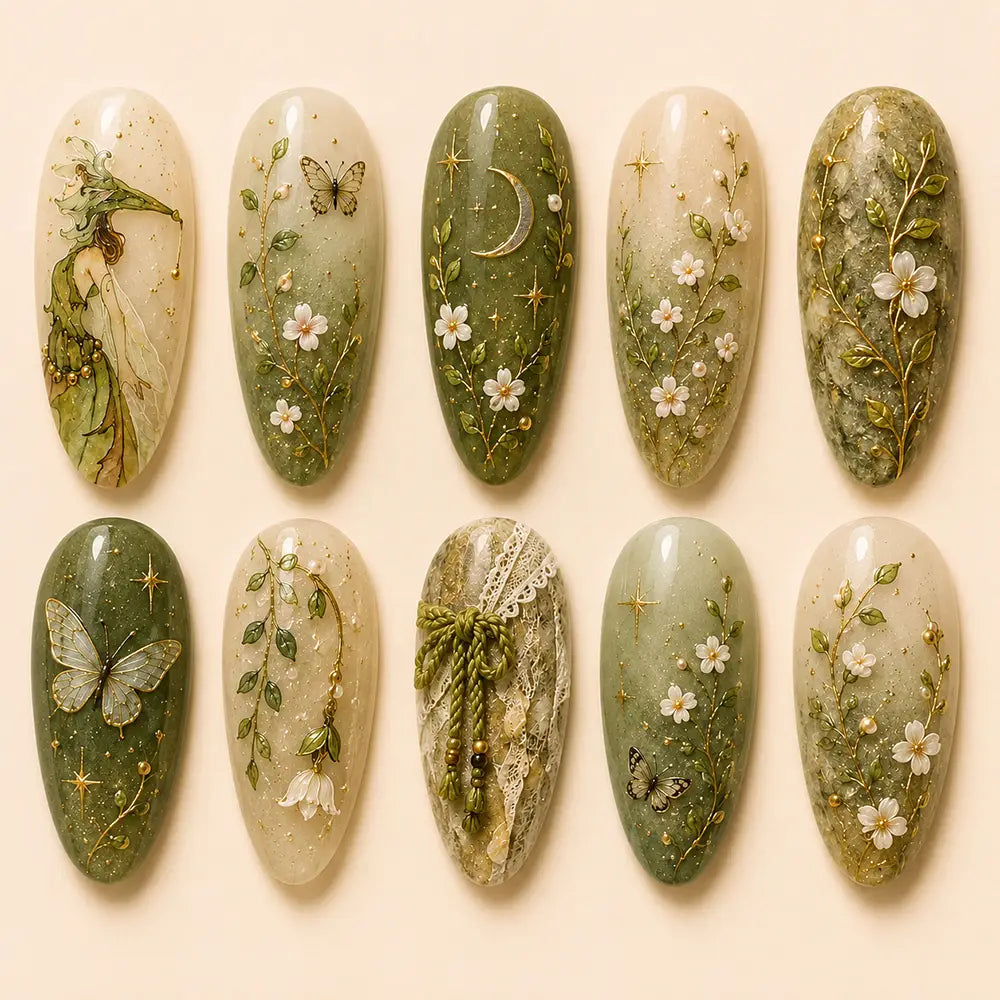 Woodland Fairy & Wildflower Gold Foil Press On Nails