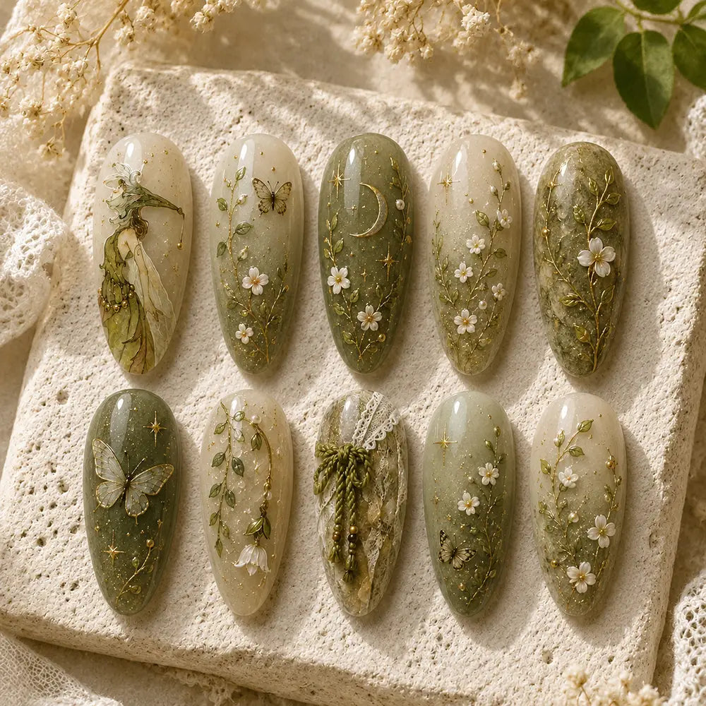 Woodland Fairy & Wildflower Gold Foil Press On Nails