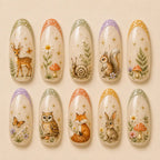 Woodland Forest Animals & Wildflower Gold Star French Tip Press On Nails