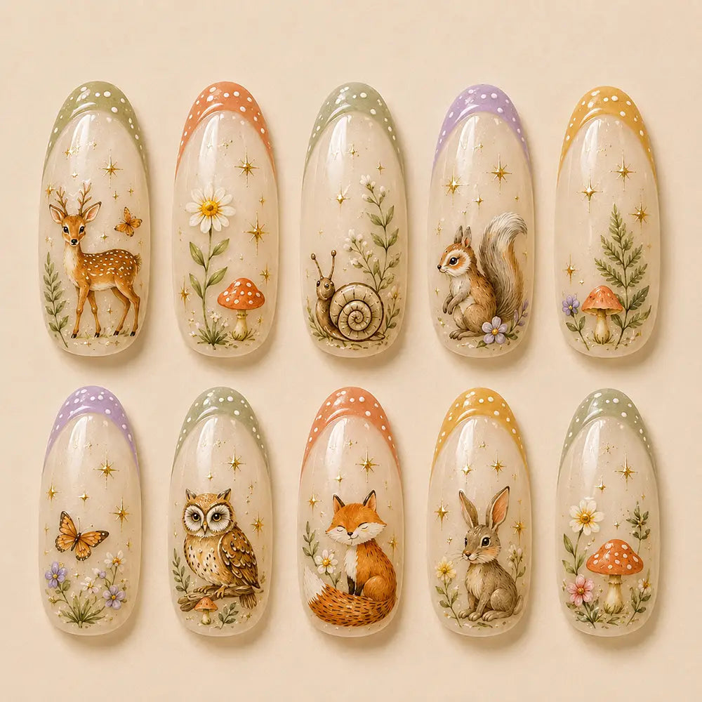 Woodland Forest Animals & Wildflower Gold Star French Tip Press On Nails