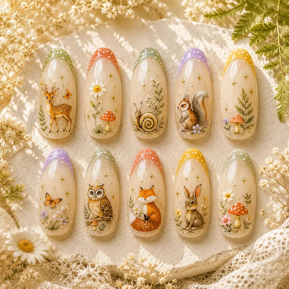 Woodland Forest Animals & Wildflower Gold Star French Tip Press On Nails