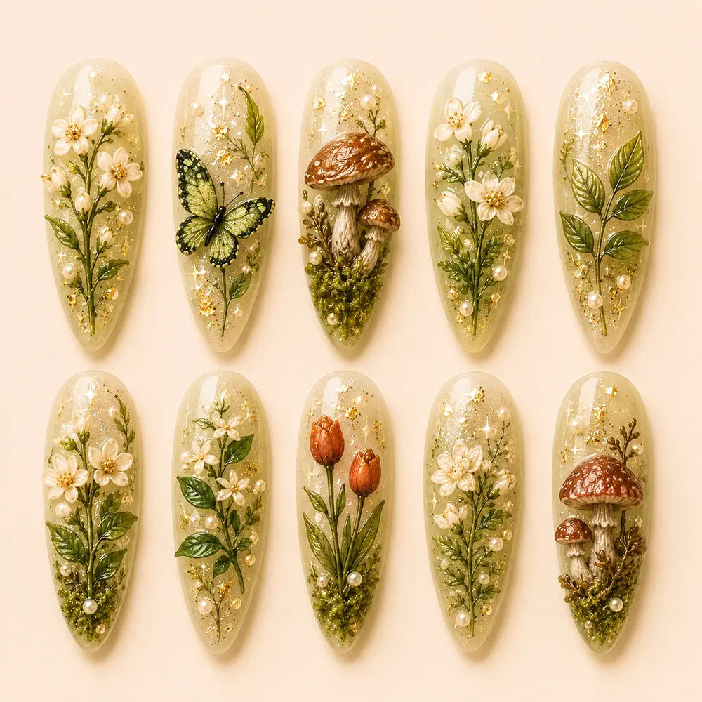 Woodland Mushroom & Botanical Gold Foil 3D Press On Nails