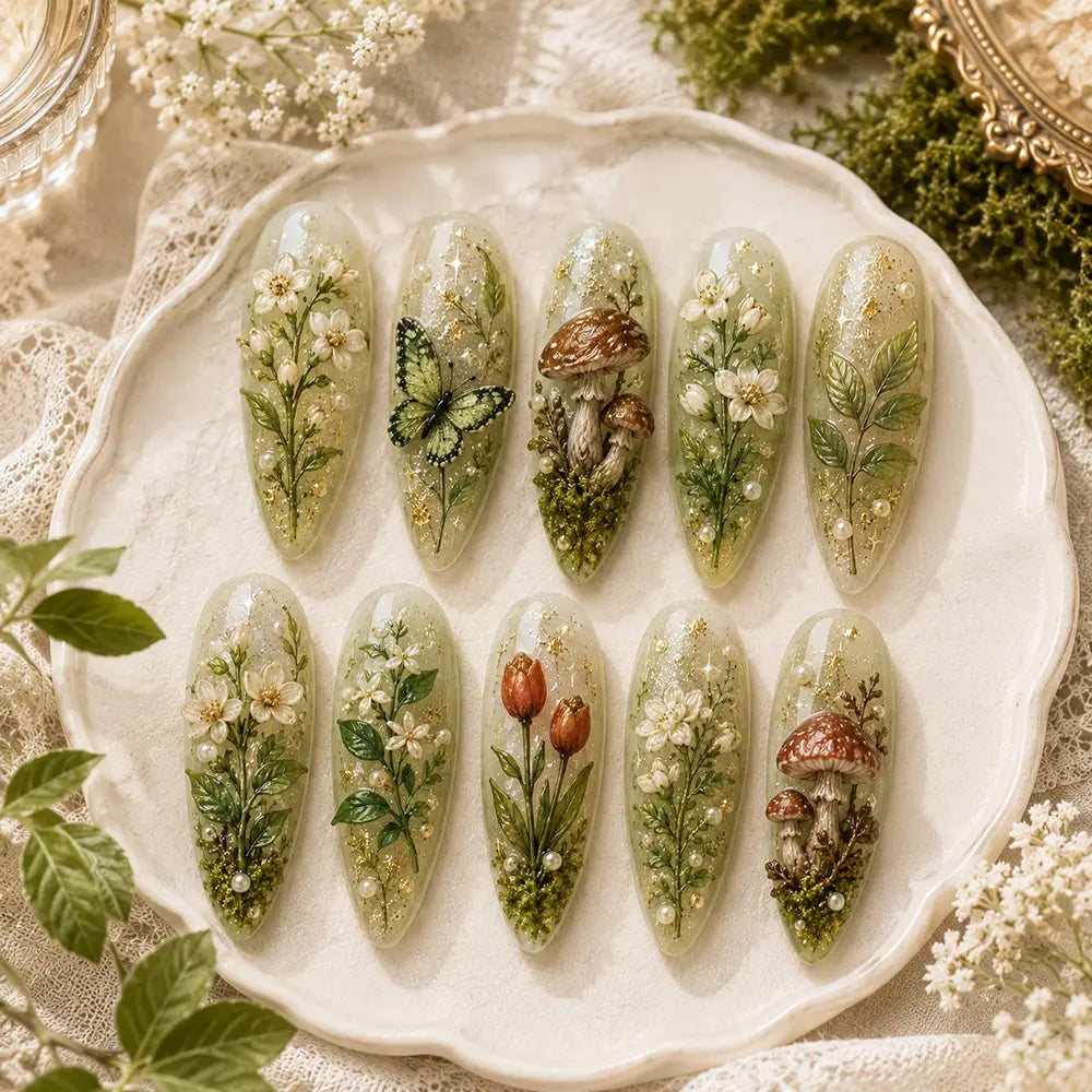Woodland Mushroom & Botanical Gold Foil 3D Press On Nails