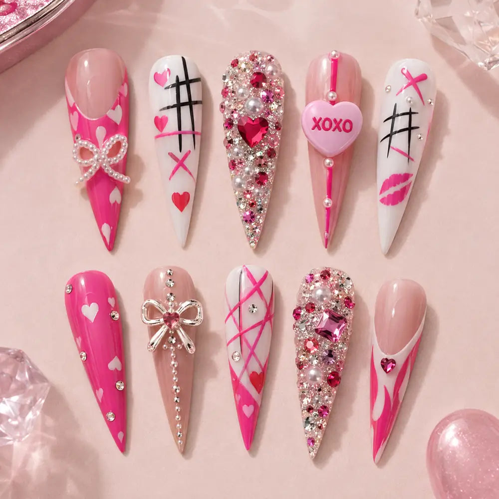 XOXO Heart & Bow Rhinestone Stiletto Press On Nails — image 2