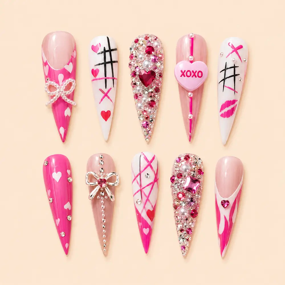XOXO Heart & Bow Rhinestone Stiletto Press On Nails — image 1