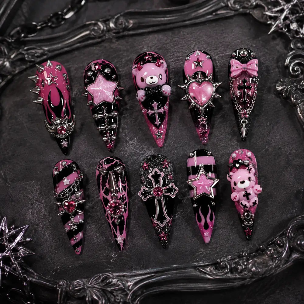 Y2K Bear Heart Star 3D Rhinestone Press On Nails — image 2