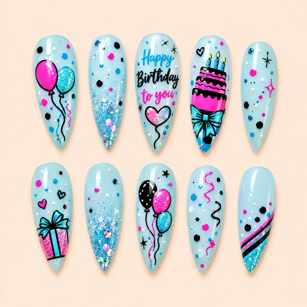 Y2K Birthday Balloon Cake Glitter Press On Nails