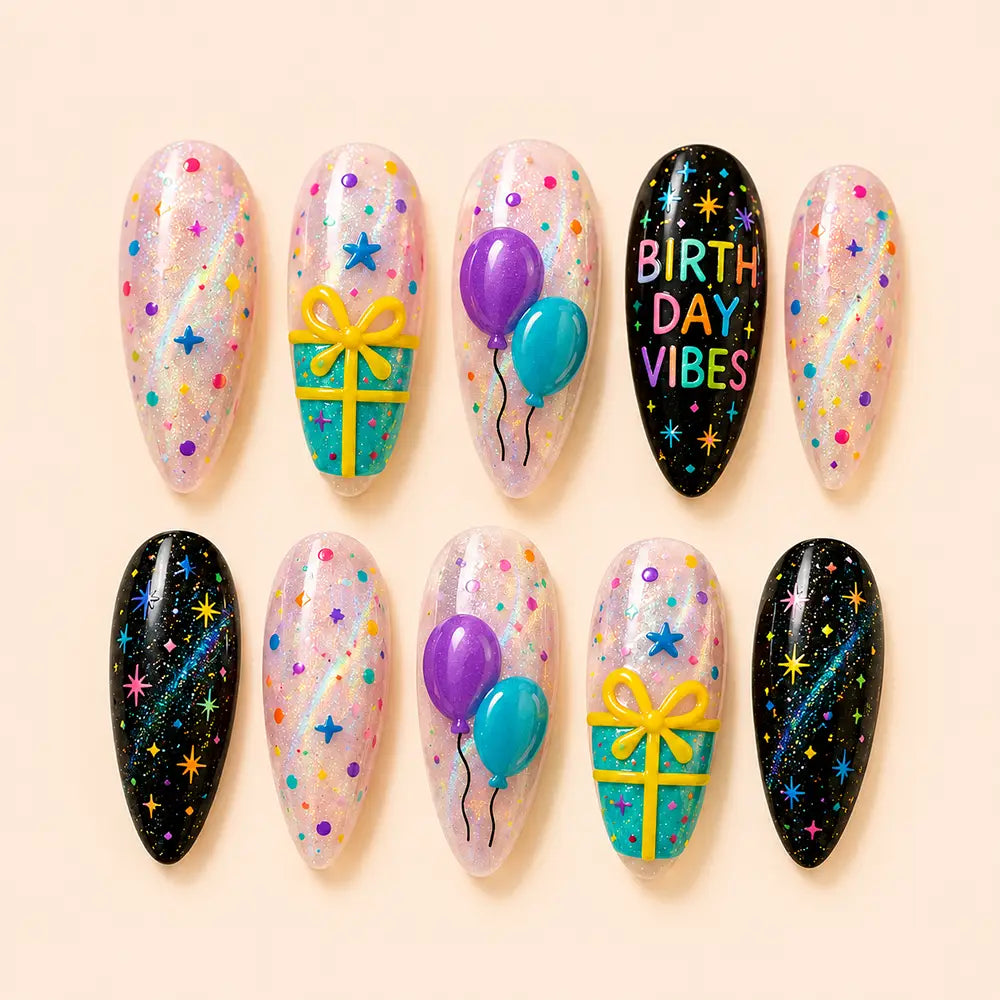 Y2K Birthday Balloon Gift Glitter Press On Nails