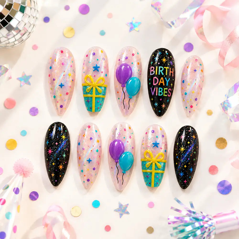Y2K Birthday Balloon Gift Glitter Press On Nails