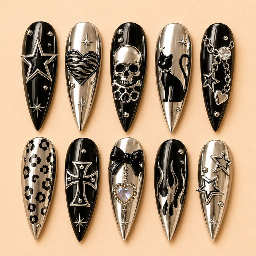 Y2K Rockstar Star Heart Metallic Chrome Press On Nails