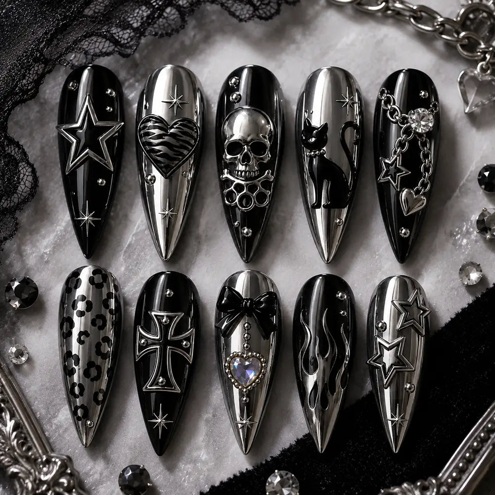 Y2K Rockstar Star Heart Metallic Chrome Press On Nails